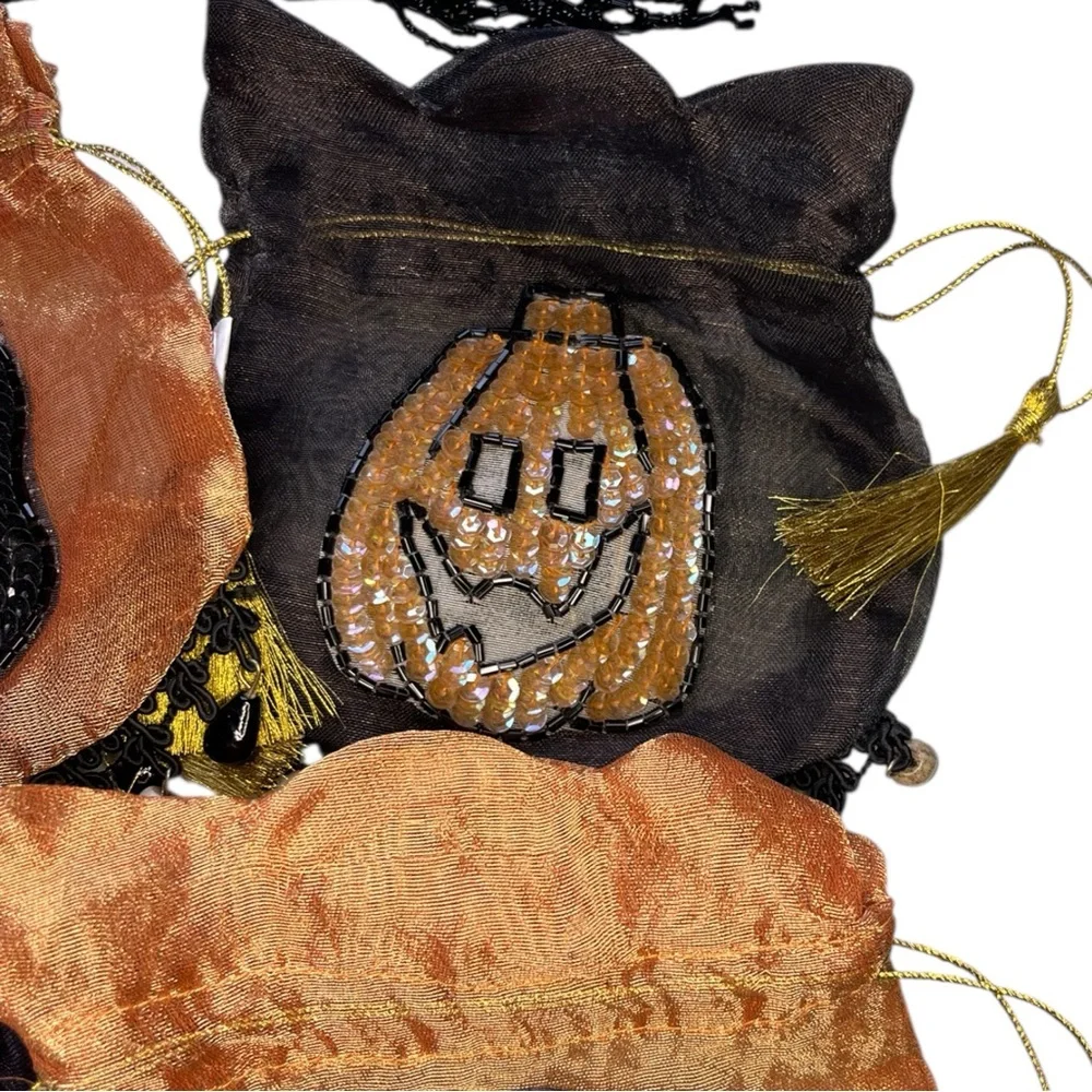 Beaded Sequin Halloween Hostess Gift Bags Cats Pumpkins Skull